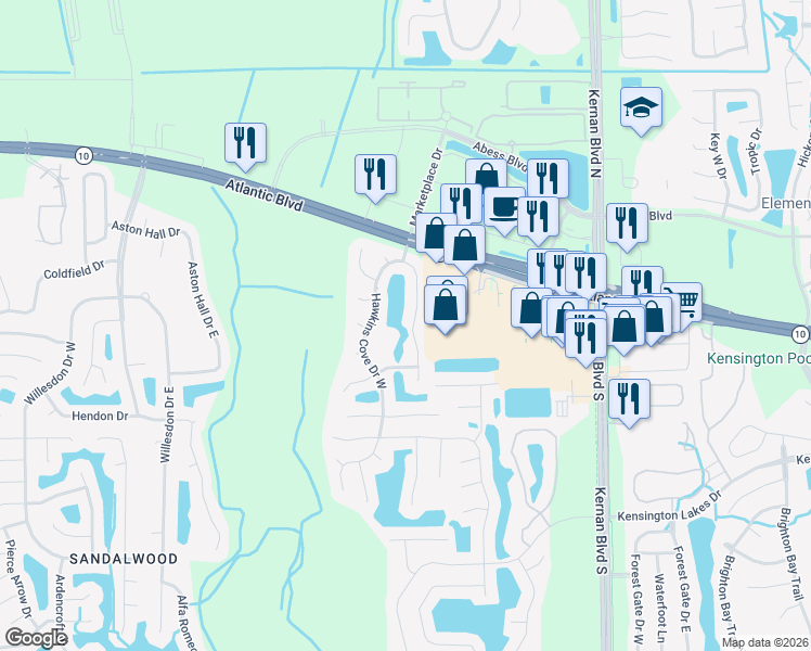map of restaurants, bars, coffee shops, grocery stores, and more near 1715 Hawkins Cove Drive East in Jacksonville