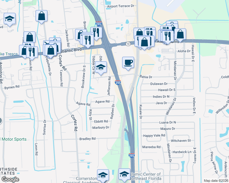 map of restaurants, bars, coffee shops, grocery stores, and more near 10489 Mc Aleer Road in Jacksonville