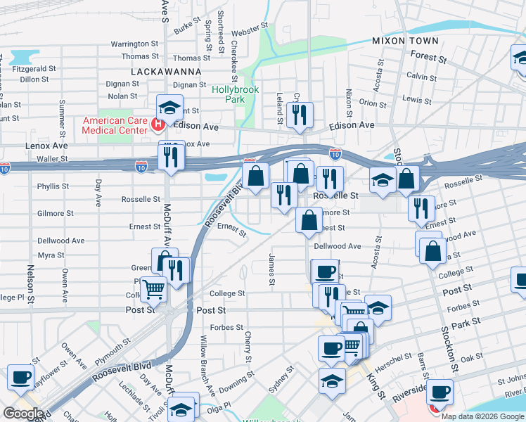 map of restaurants, bars, coffee shops, grocery stores, and more near 725 Center Street in Jacksonville