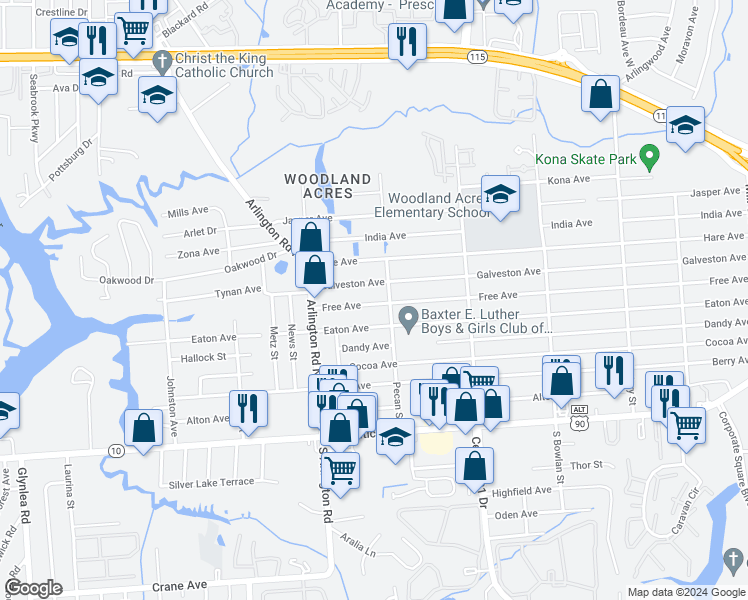map of restaurants, bars, coffee shops, grocery stores, and more near 7713 Free Avenue in Jacksonville