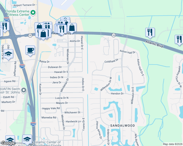 map of restaurants, bars, coffee shops, grocery stores, and more near 11104 Lord Taylor Drive in Jacksonville
