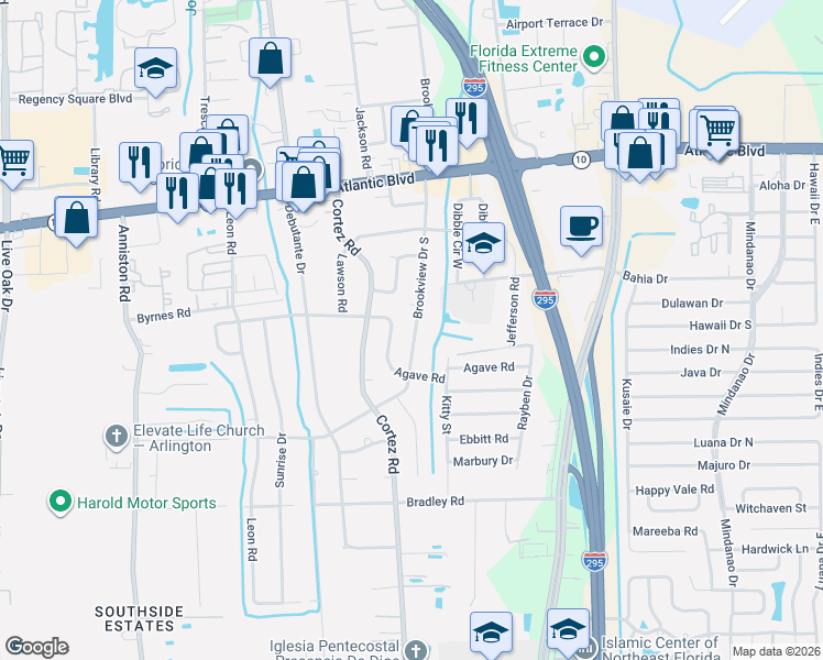map of restaurants, bars, coffee shops, grocery stores, and more near 1844 Brookview Drive South in Jacksonville