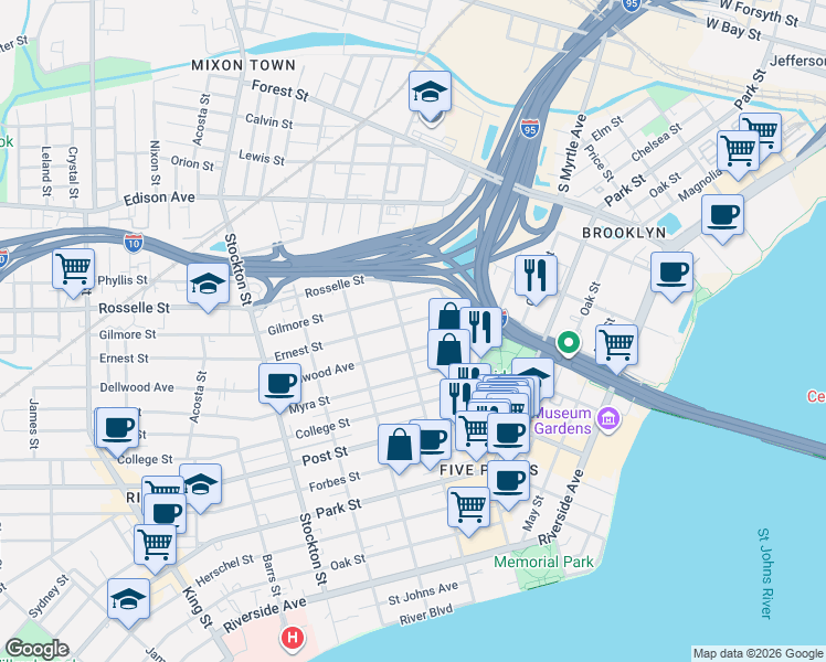 map of restaurants, bars, coffee shops, grocery stores, and more near 2047 Dellwood Avenue in Jacksonville