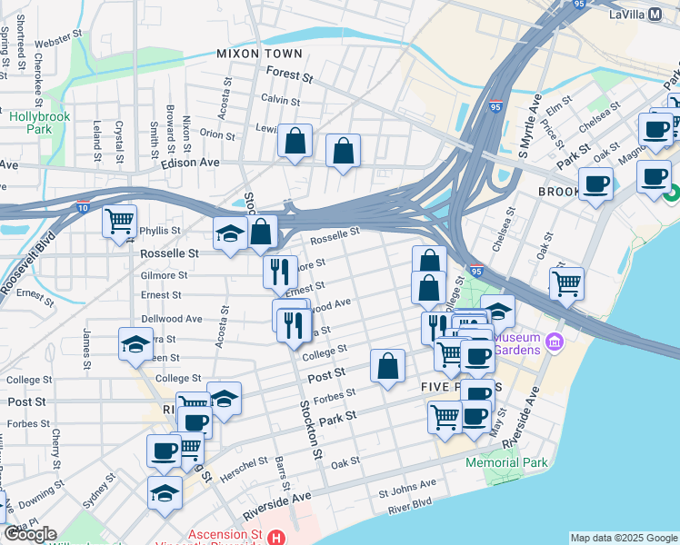 map of restaurants, bars, coffee shops, grocery stores, and more near 2218 Ernest Street in Jacksonville