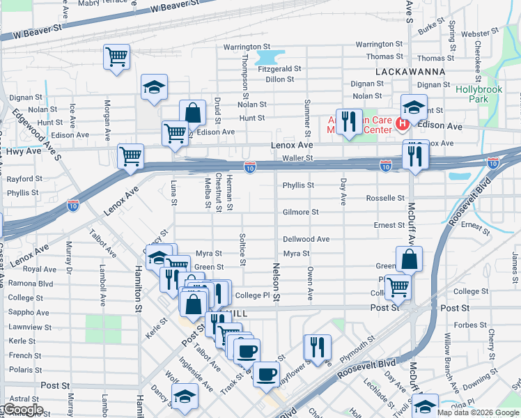 map of restaurants, bars, coffee shops, grocery stores, and more near 3506 Gilmore Street in Jacksonville