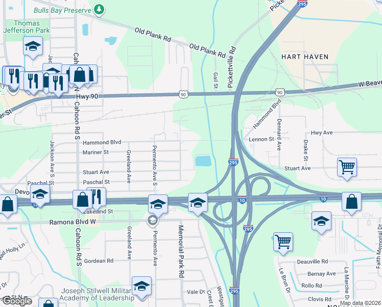 map of restaurants, bars, coffee shops, grocery stores, and more near 7624 Mariner Street in Jacksonville