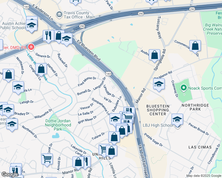 map of restaurants, bars, coffee shops, grocery stores, and more near 3100 Lynridge Drive in Austin