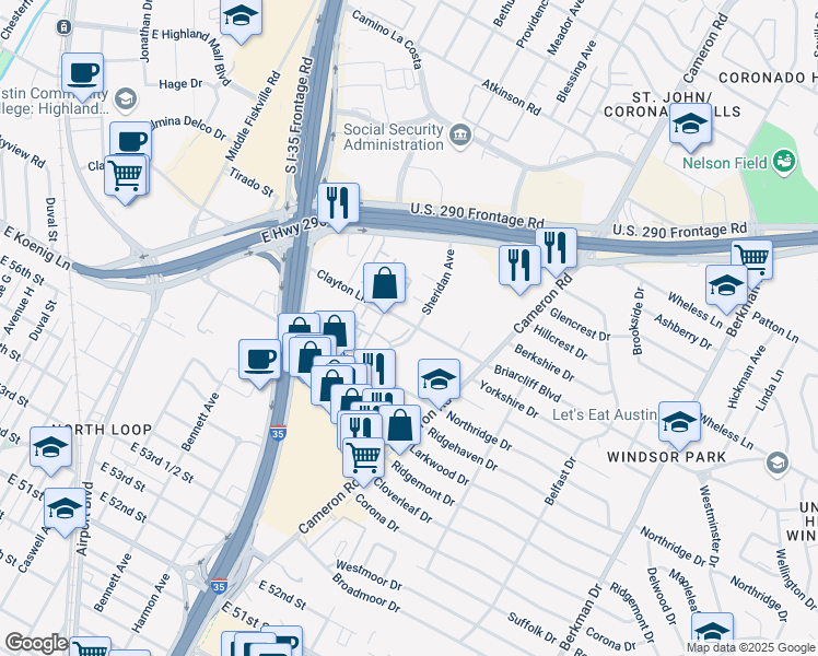 map of restaurants, bars, coffee shops, grocery stores, and more near 1101 Clayton Lane in Austin