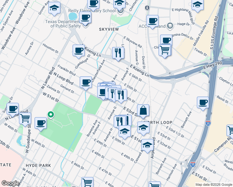 map of restaurants, bars, coffee shops, grocery stores, and more near 5307 Avenue F in Austin