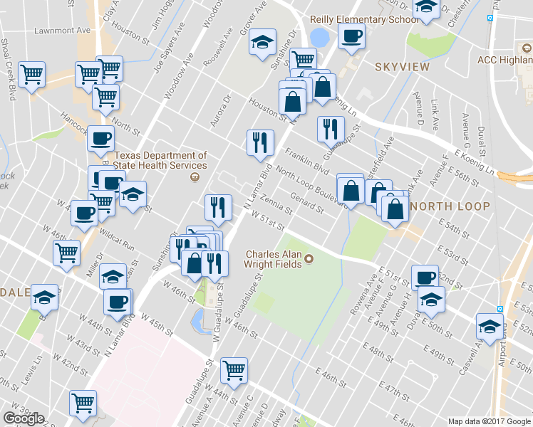 map of restaurants, bars, coffee shops, grocery stores, and more near 705 West 51st Street in Austin