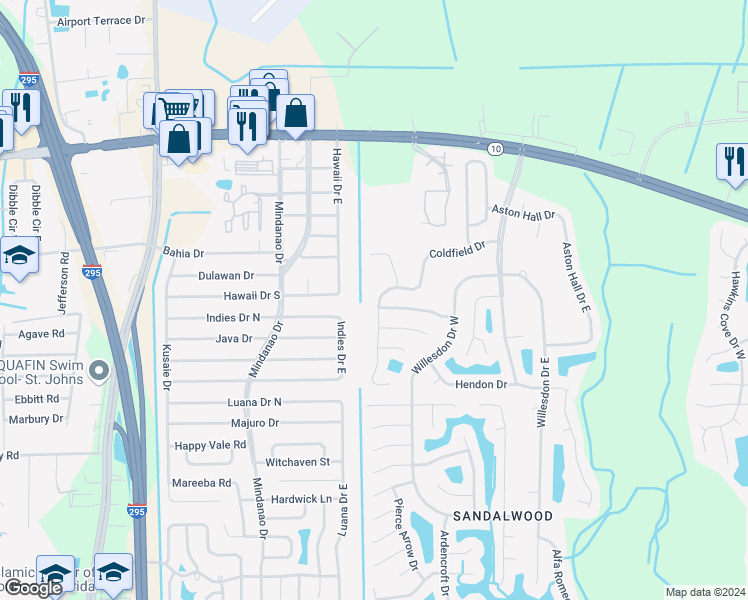 map of restaurants, bars, coffee shops, grocery stores, and more near 1860 Coldfield Drive West in Jacksonville