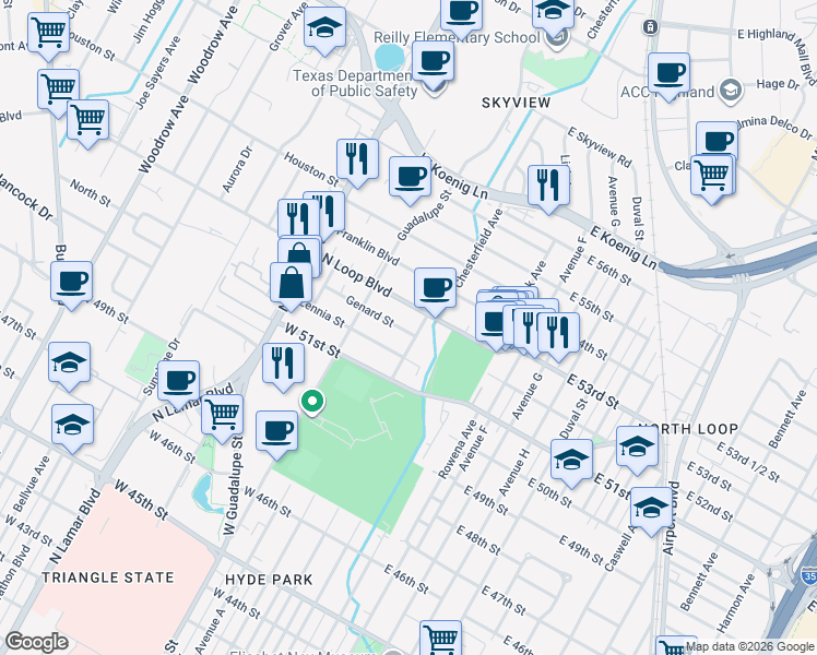 map of restaurants, bars, coffee shops, grocery stores, and more near 5211 Leralynn Street in Austin