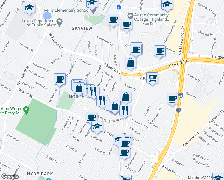 map of restaurants, bars, coffee shops, grocery stores, and more near Duval St & E 55th St in Austin