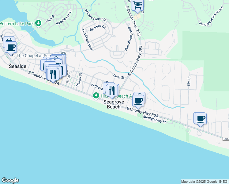 map of restaurants, bars, coffee shops, grocery stores, and more near 30 Nightcap Street in Santa Rosa Beach