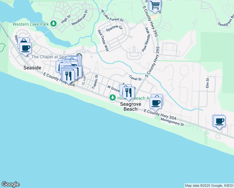 map of restaurants, bars, coffee shops, grocery stores, and more near 2647 East County Highway 30A in Santa Rosa Beach