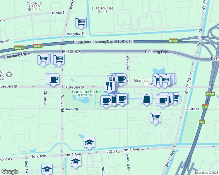 map of restaurants, bars, coffee shops, grocery stores, and more near Xue Yuan Jie in Hang Zhou Shi