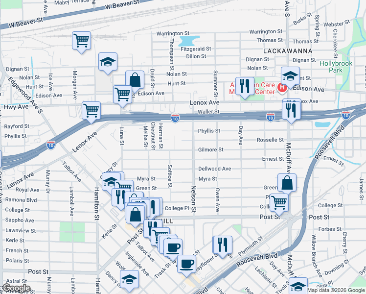 map of restaurants, bars, coffee shops, grocery stores, and more near 3506 Gilmore Street in Jacksonville
