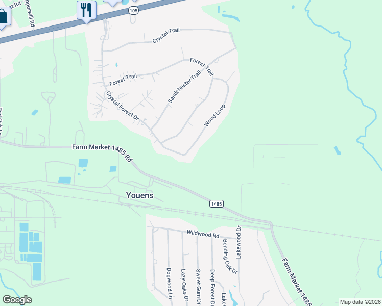 map of restaurants, bars, coffee shops, grocery stores, and more near 4358 Crystal Forest Drive in Conroe
