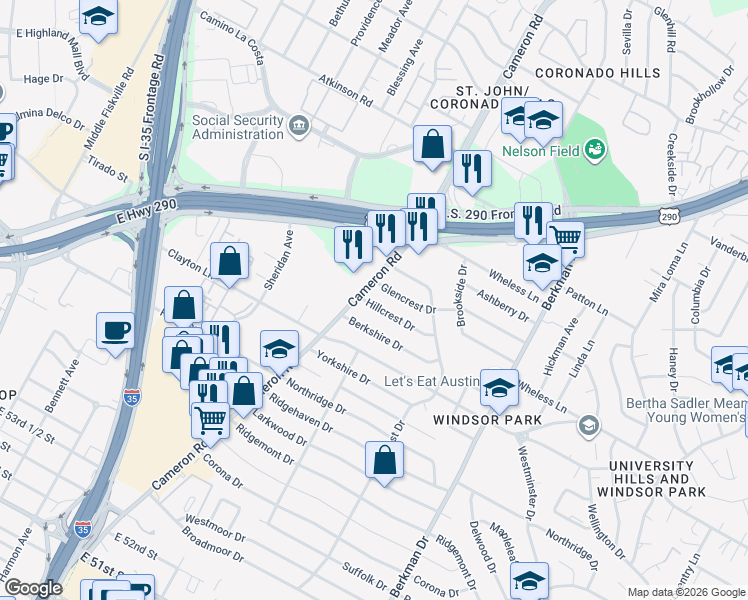 map of restaurants, bars, coffee shops, grocery stores, and more near 1304 Berkshire Drive in Austin