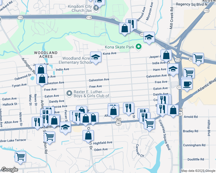 map of restaurants, bars, coffee shops, grocery stores, and more near 8319 Eaton Avenue in Jacksonville