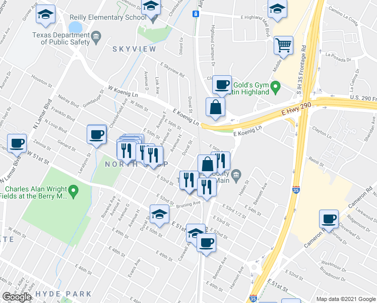map of restaurants, bars, coffee shops, grocery stores, and more near 5408 Duval Street in Austin