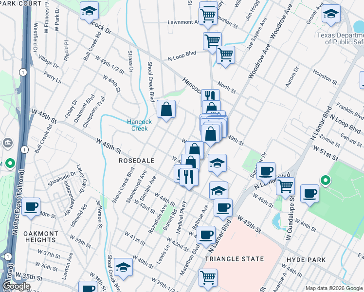 map of restaurants, bars, coffee shops, grocery stores, and more near 4610 Rosedale Avenue in Austin