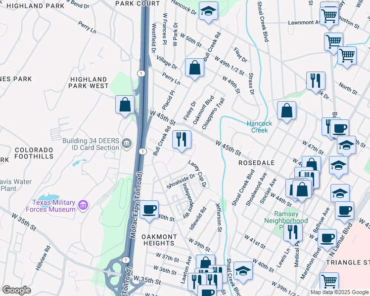 map of restaurants, bars, coffee shops, grocery stores, and more near 2609 Perseverance Drive in Austin