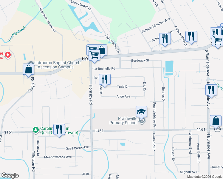 map of restaurants, bars, coffee shops, grocery stores, and more near 40096 Alise Avenue in Prairieville