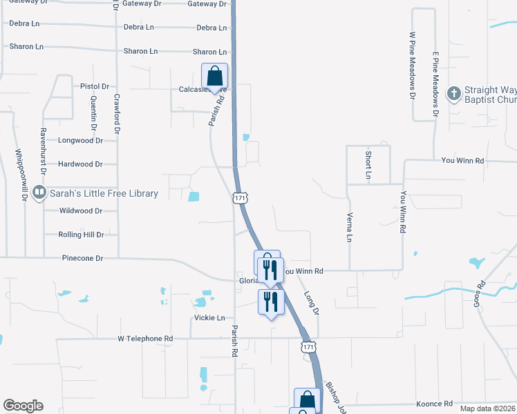 map of restaurants, bars, coffee shops, grocery stores, and more near 1130 U.S. 171 in Lake Charles