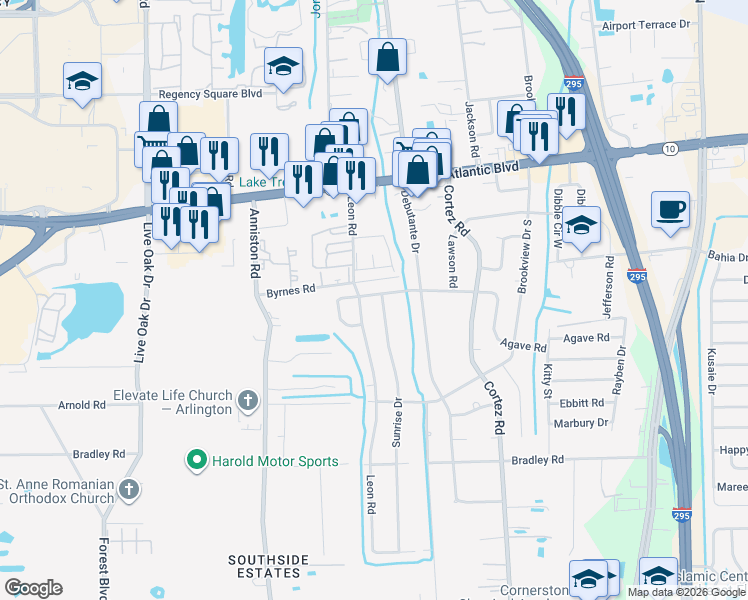 map of restaurants, bars, coffee shops, grocery stores, and more near 10116 Agave Road in Jacksonville