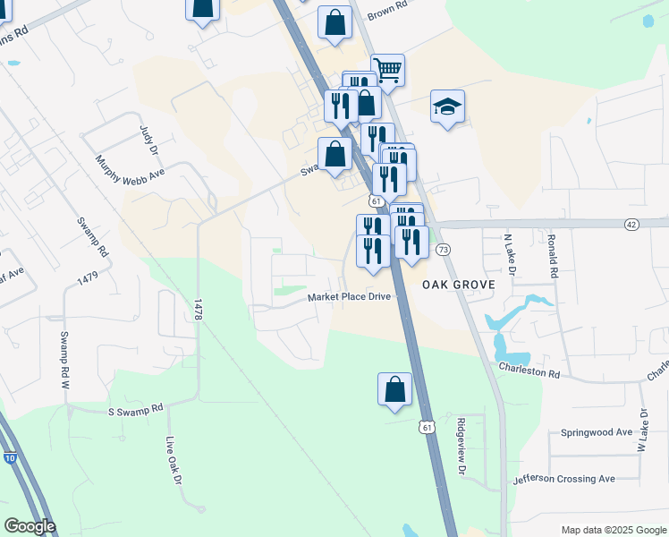 map of restaurants, bars, coffee shops, grocery stores, and more near 37291 Enterprise Avenue in Prairieville
