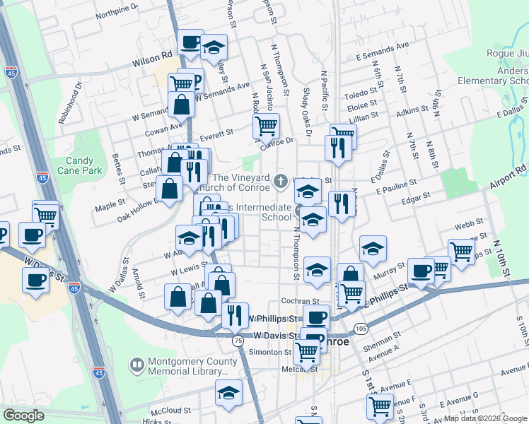 map of restaurants, bars, coffee shops, grocery stores, and more near 414 West Austin Street in Conroe