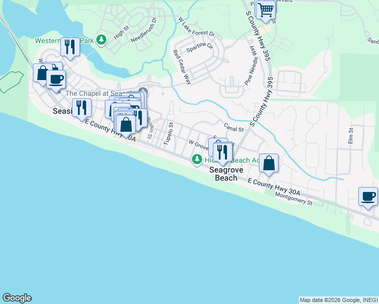 map of restaurants, bars, coffee shops, grocery stores, and more near 2554 East County Highway 30A in Santa Rosa Beach