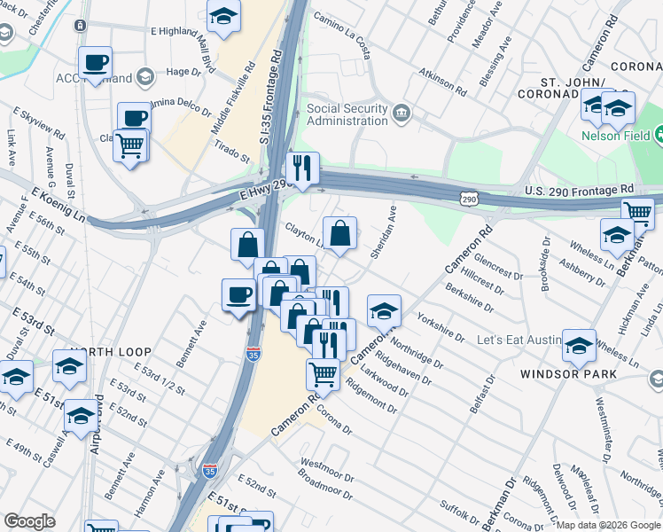 map of restaurants, bars, coffee shops, grocery stores, and more near 1071 Clayton Lane in Austin
