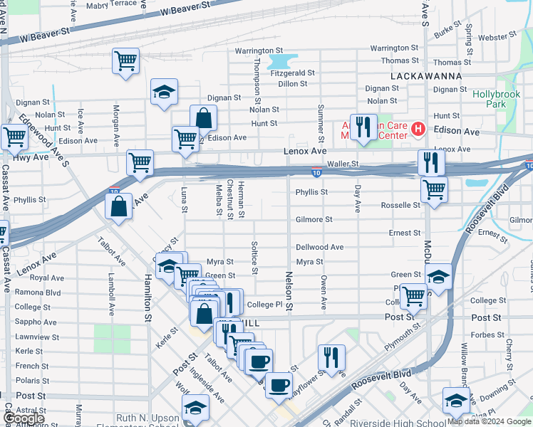 map of restaurants, bars, coffee shops, grocery stores, and more near 3548 Gilmore Street in Jacksonville
