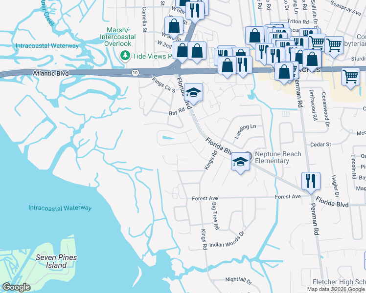 map of restaurants, bars, coffee shops, grocery stores, and more near 1824 Pelican Court in Neptune Beach