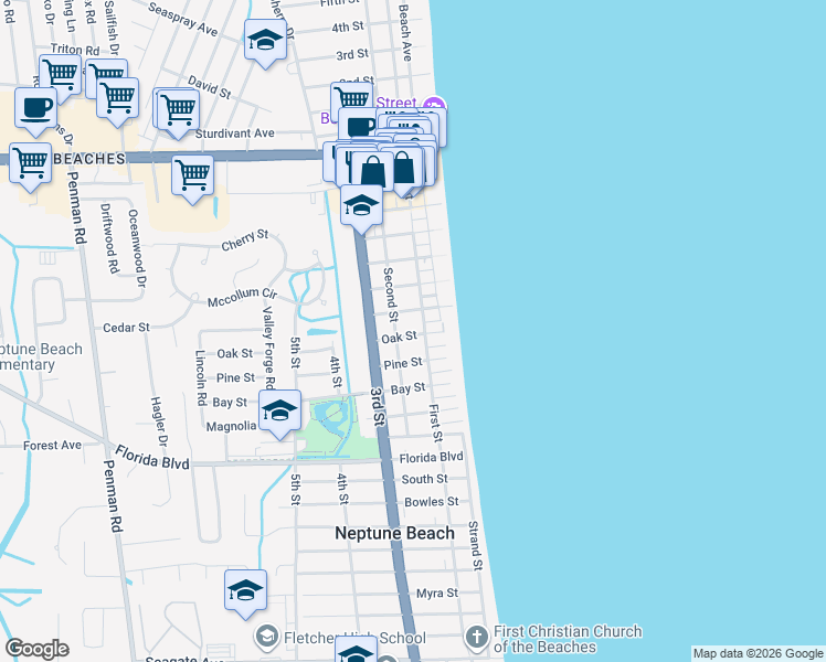 map of restaurants, bars, coffee shops, grocery stores, and more near 815 Second Street in Neptune Beach