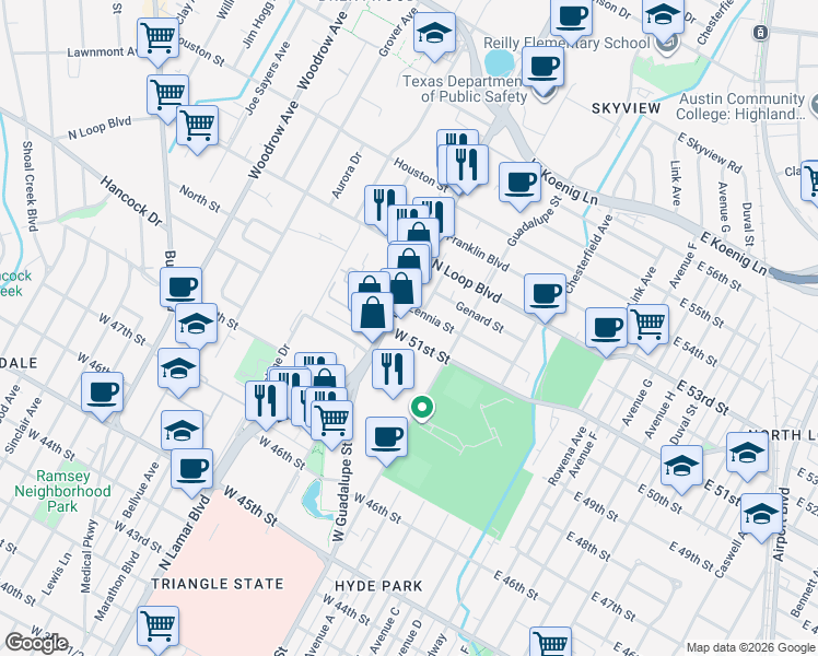 map of restaurants, bars, coffee shops, grocery stores, and more near 620 West 51st Street in Austin