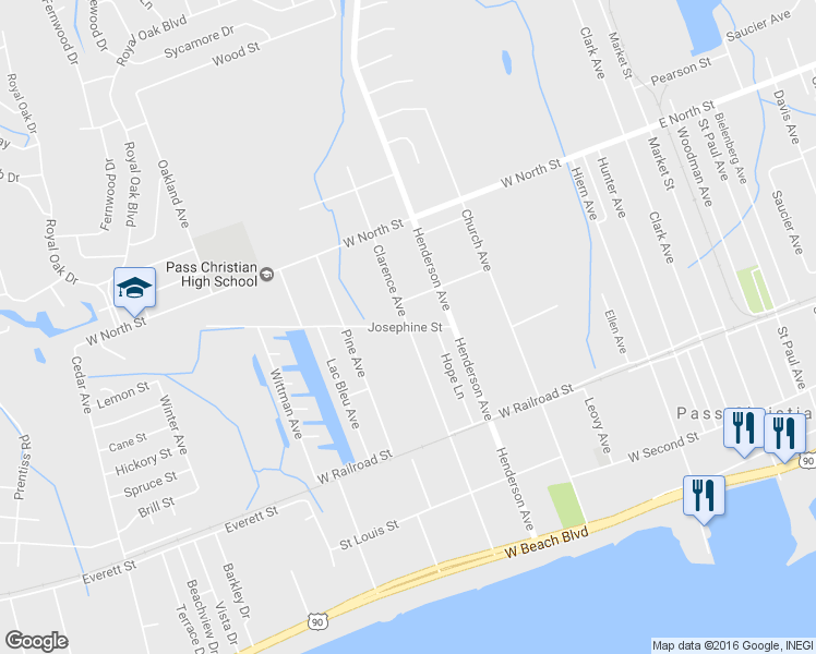 map of restaurants, bars, coffee shops, grocery stores, and more near 501 Josephine Street in Pass Christian