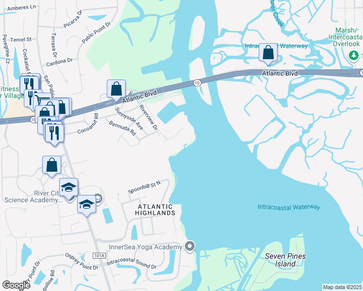 map of restaurants, bars, coffee shops, grocery stores, and more near 13846 Atlantic Boulevard in Jacksonville