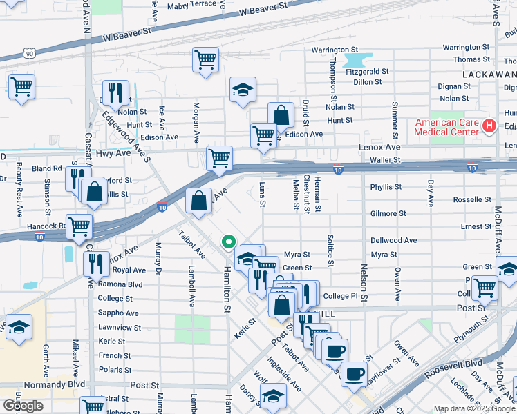 map of restaurants, bars, coffee shops, grocery stores, and more near 4064 Gilmore Street in Jacksonville