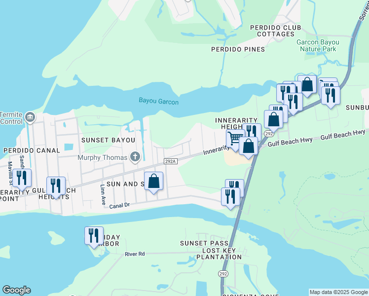 map of restaurants, bars, coffee shops, grocery stores, and more near 13707 Innerarity Point Road in Pensacola