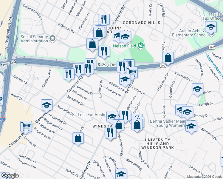 map of restaurants, bars, coffee shops, grocery stores, and more near 1606 Glencrest Drive in Austin