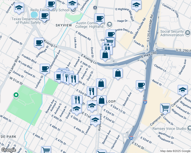 map of restaurants, bars, coffee shops, grocery stores, and more near 5415 Evans Avenue in Austin
