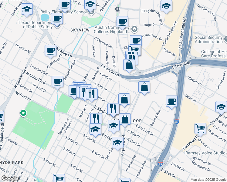 map of restaurants, bars, coffee shops, grocery stores, and more near 5415 Evans Avenue in Austin