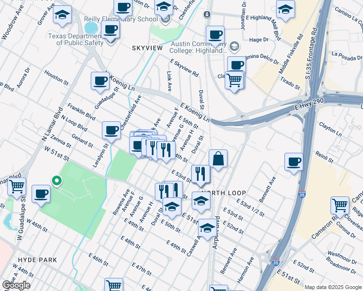 map of restaurants, bars, coffee shops, grocery stores, and more near 5314 Avenue H in Austin