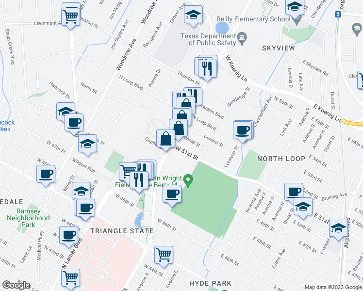 map of restaurants, bars, coffee shops, grocery stores, and more near 705 West 51st Street in Austin
