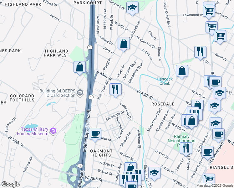 map of restaurants, bars, coffee shops, grocery stores, and more near 2609 Perseverance Drive in Austin