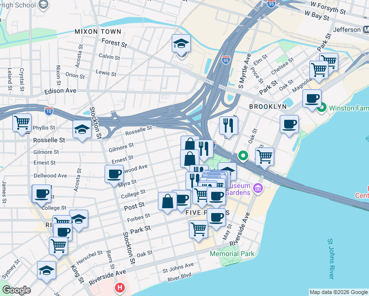 map of restaurants, bars, coffee shops, grocery stores, and more near 2047 Dellwood Avenue in Jacksonville