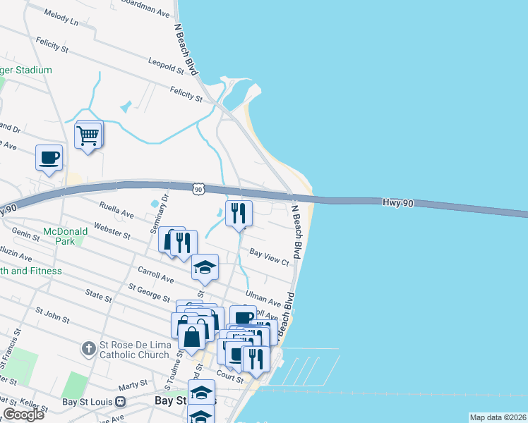 map of restaurants, bars, coffee shops, grocery stores, and more near 5 Breath Lane in Bay St. Louis